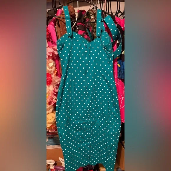 Vixen by Micheline Pitt Teal Polka Dot Midi Dress - Picture 3 of 7